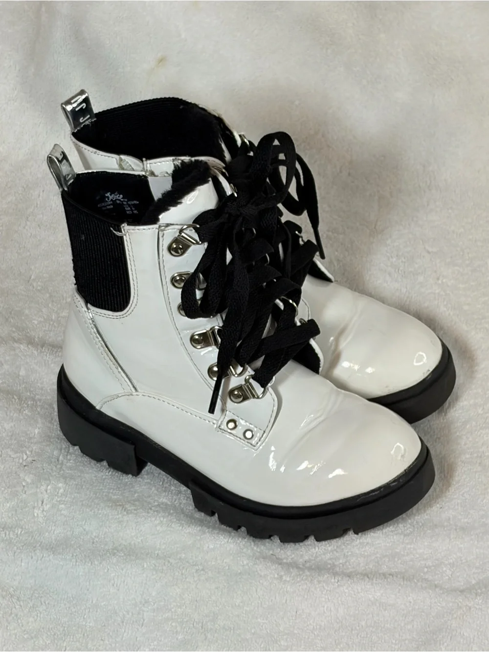 Justice White Patent Lace-Up Combat Boots with Black Laces